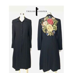 Trelise Cooper Wool Embroidered Tapestry Coat Black Floral Longline NZ 4 US M